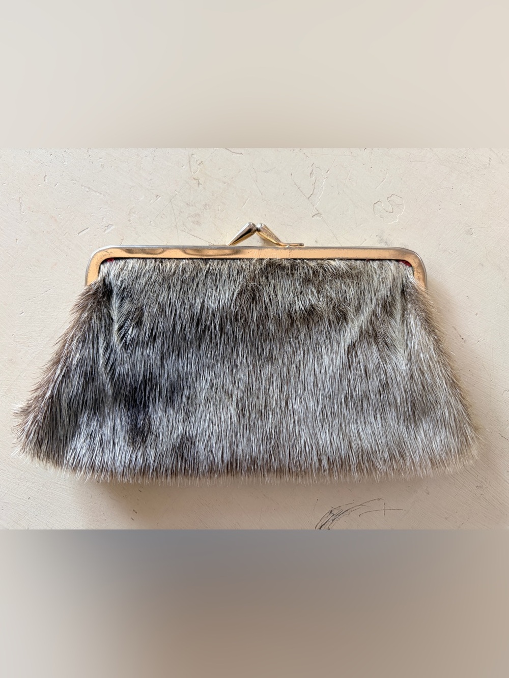 Vintage 1950’s Seal Skin Clutch with Brass Tone Hardware. 2 Clasp Closures.